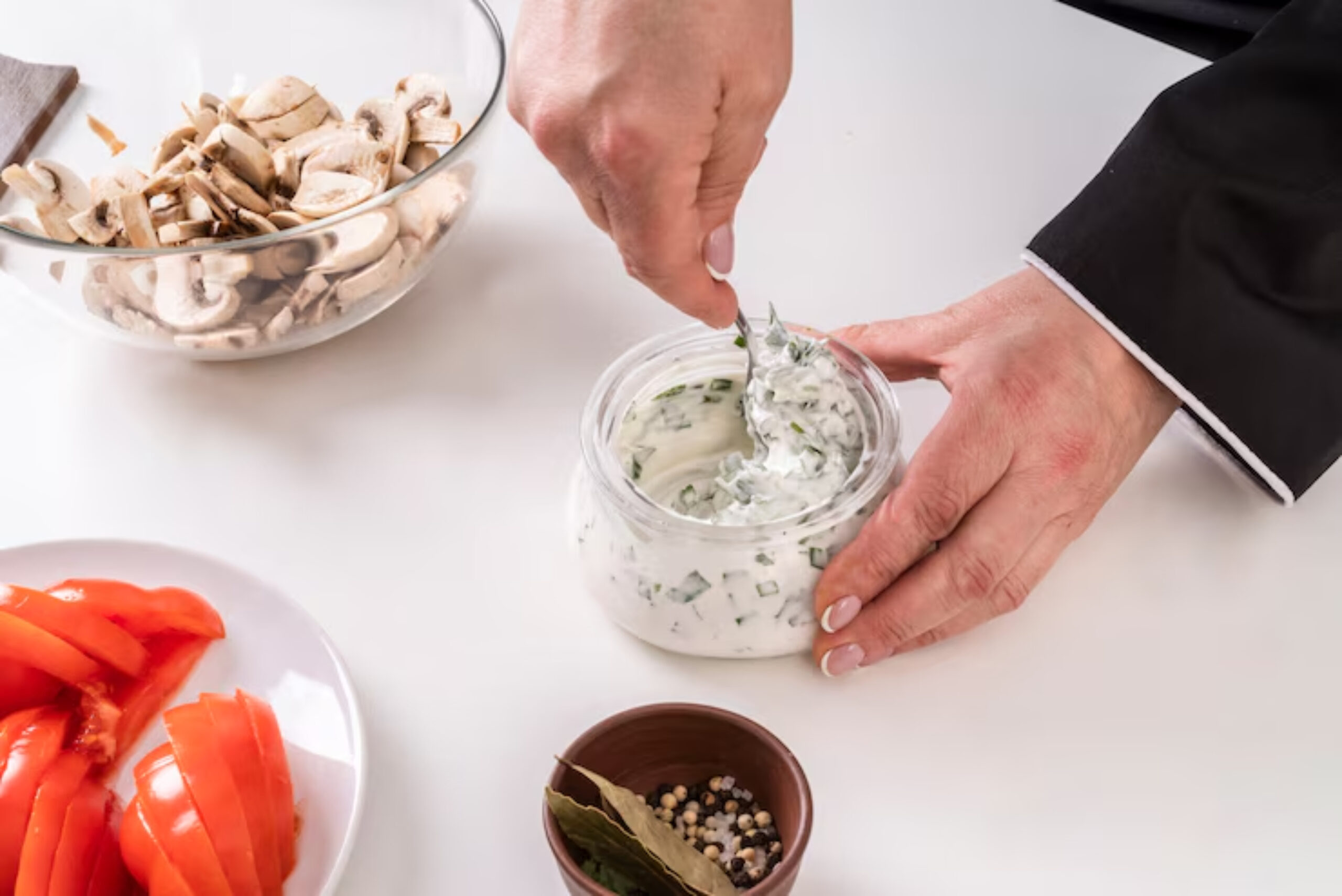 A chef mixes a green herb sauce in a jar, surrounded by sliced mushrooms, tomatoes, and spices on a white table.