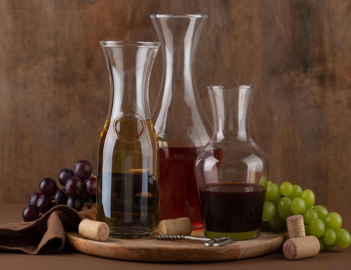 Three elegant glass decanters filled with various liquids, surrounded by grapes and corks, set against a warm wooden backdrop.