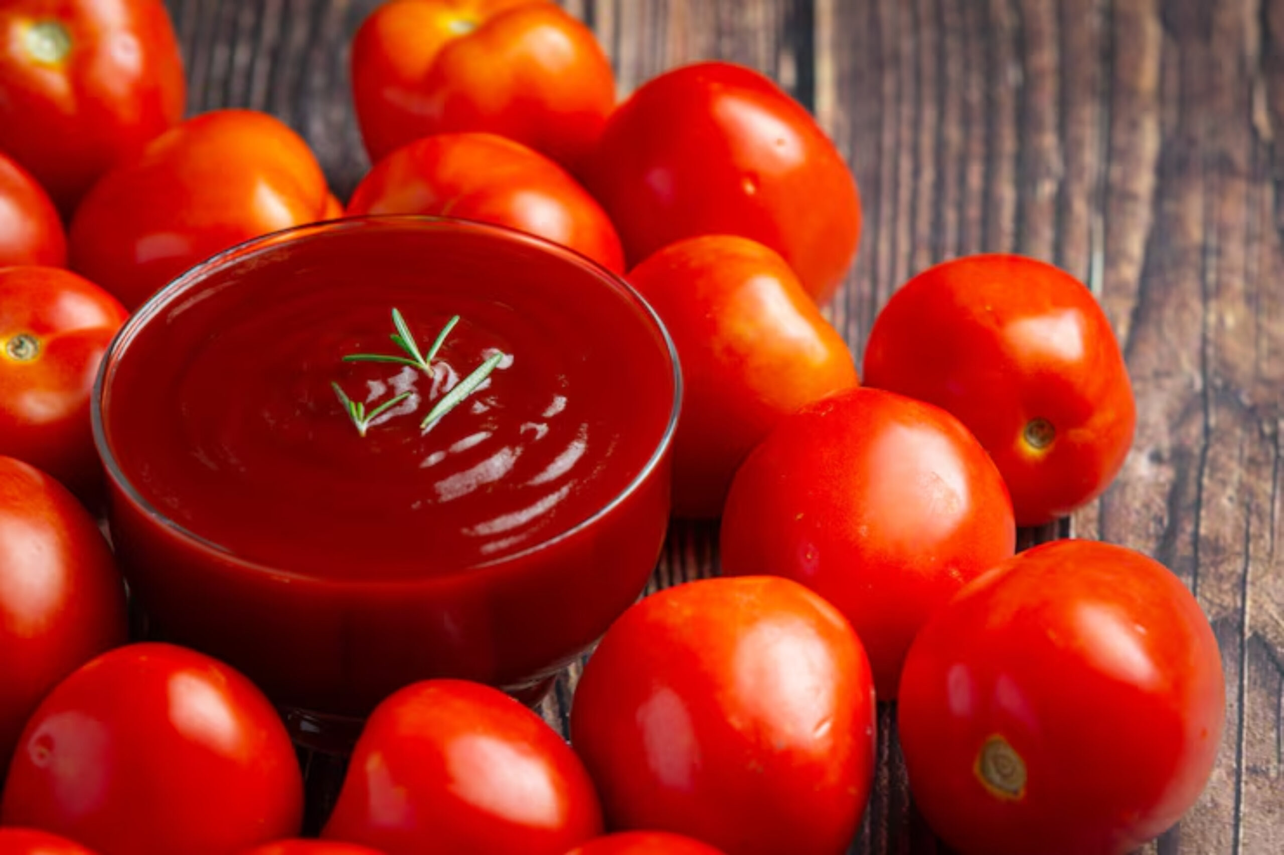 A bowl of rich red tomato sauce surrounded by fresh, round tomatoes on a wooden surface.