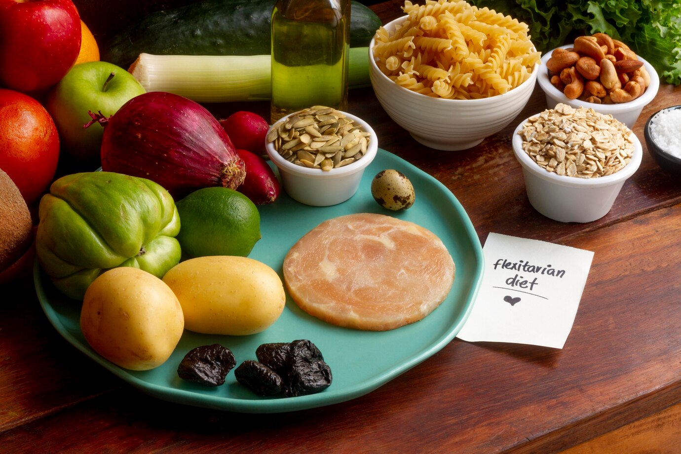 A colorful arrangement of fresh fruits, vegetables, grains, and nuts, with a note reading "flexitarian diet" on a wooden table.