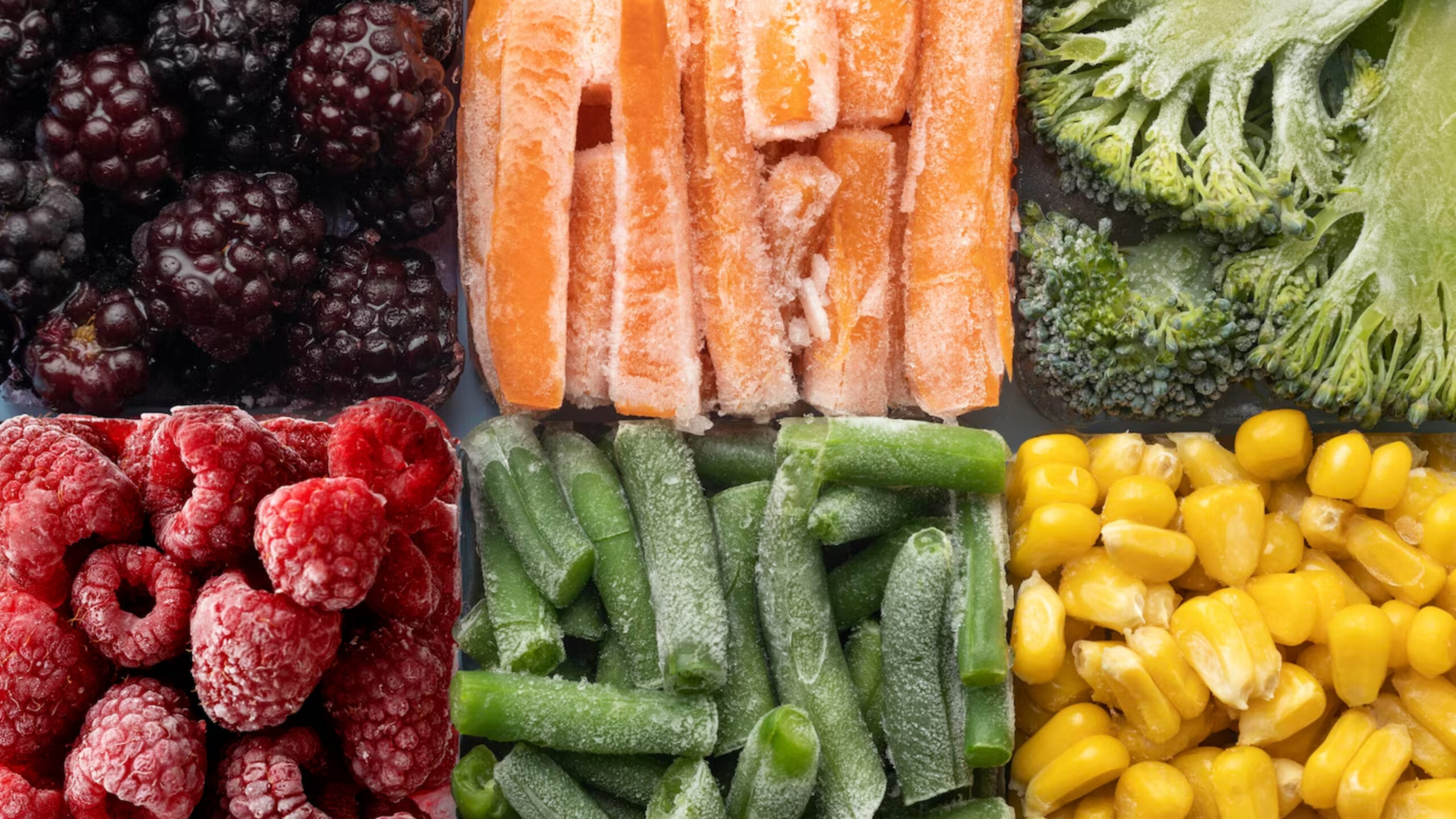Frozen fruits and vegetables arranged in a grid: blackberries, raspberries, carrot sticks, green beans, broccoli, and corn. The image evokes freshness.