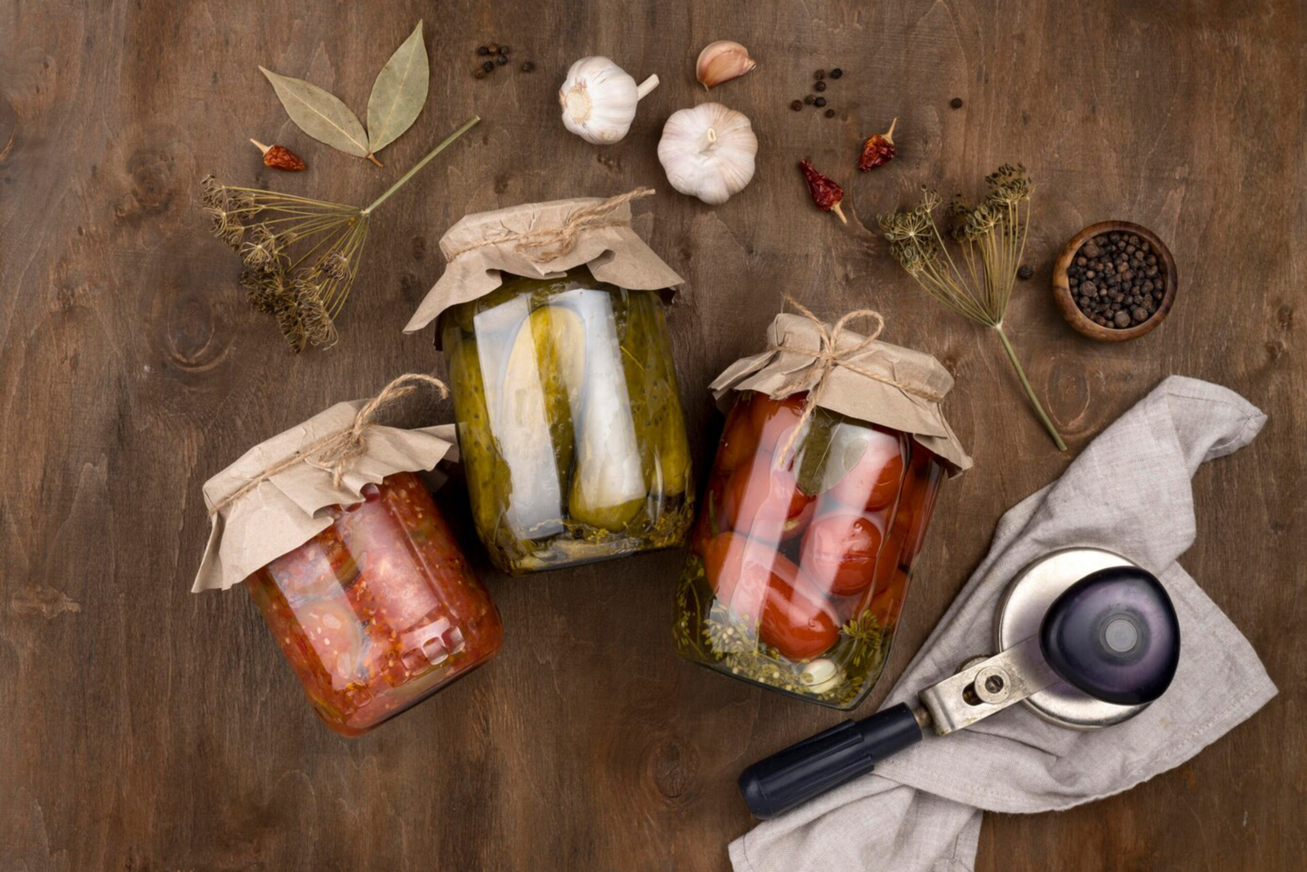 Three jars of pickled vegetables and tomatoes on a wooden surface, surrounded by spices and garlic, with a can opener nearby.