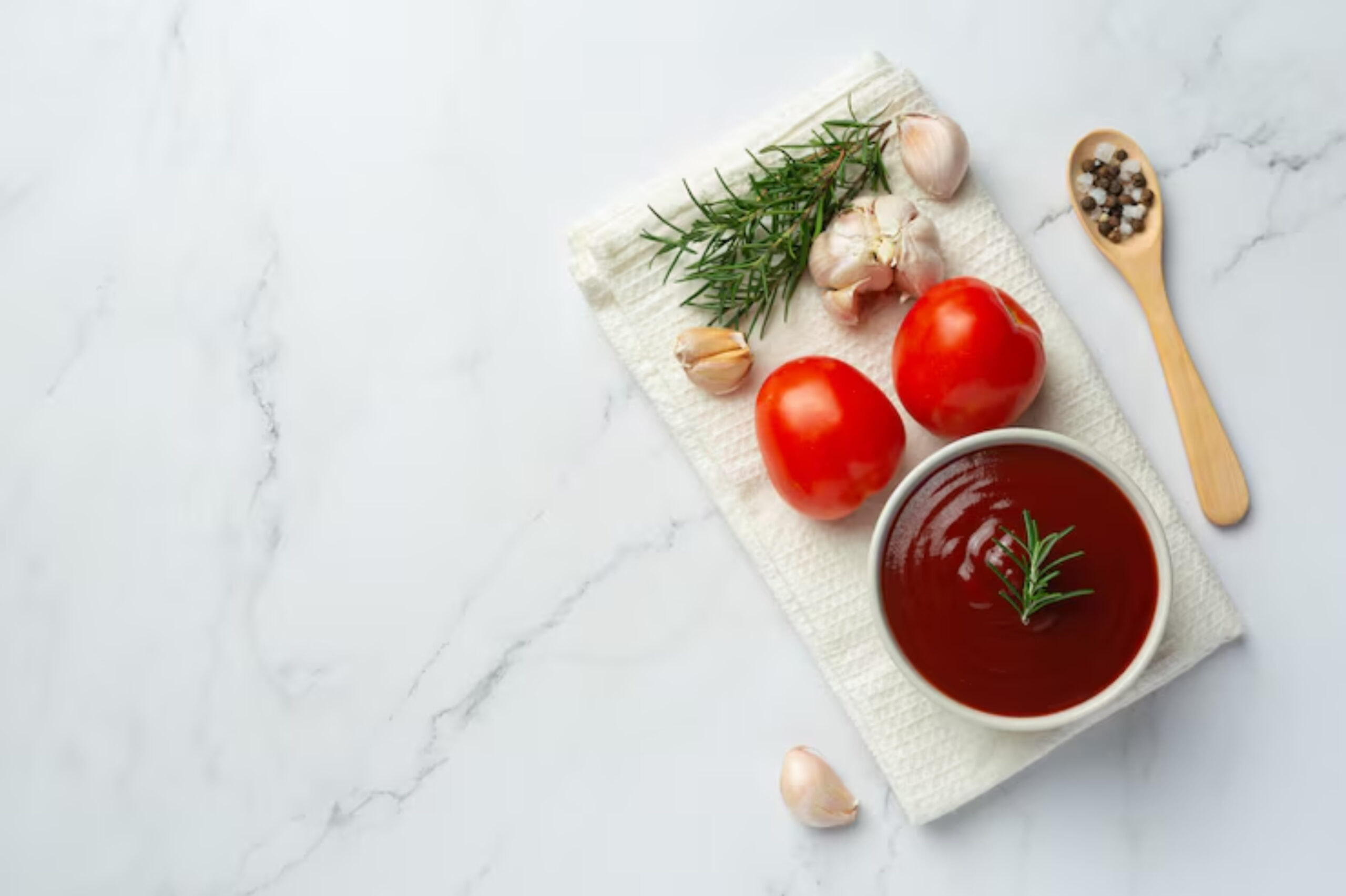 A bowl of tomato sauce garnished with rosemary, surrounded by fresh tomatoes, garlic cloves, and a spoon with spices on a white towel.