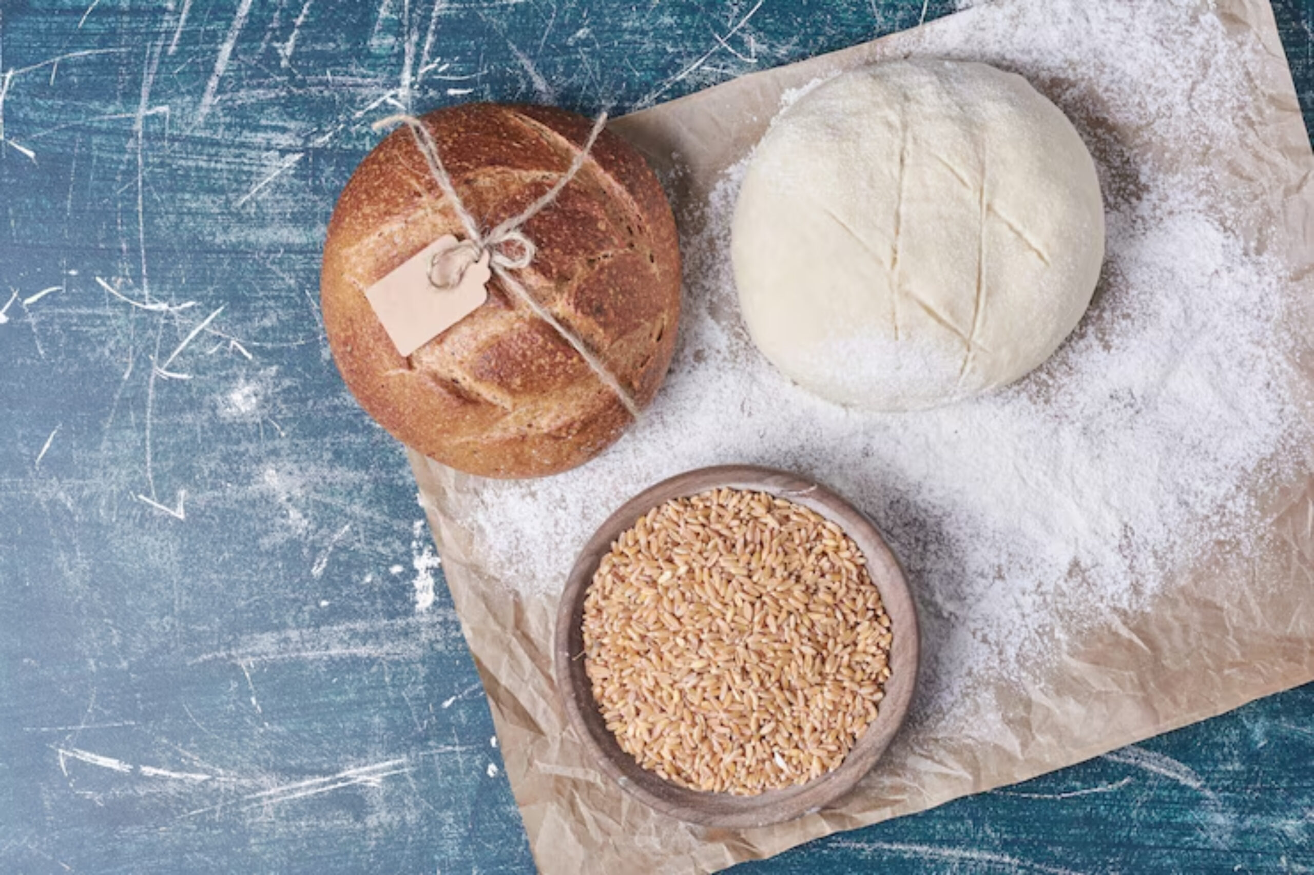 Round loaf of bread, raw dough, and a bowl of wheat grains arranged on parchment paper dusted with flour on a blue textured surface.