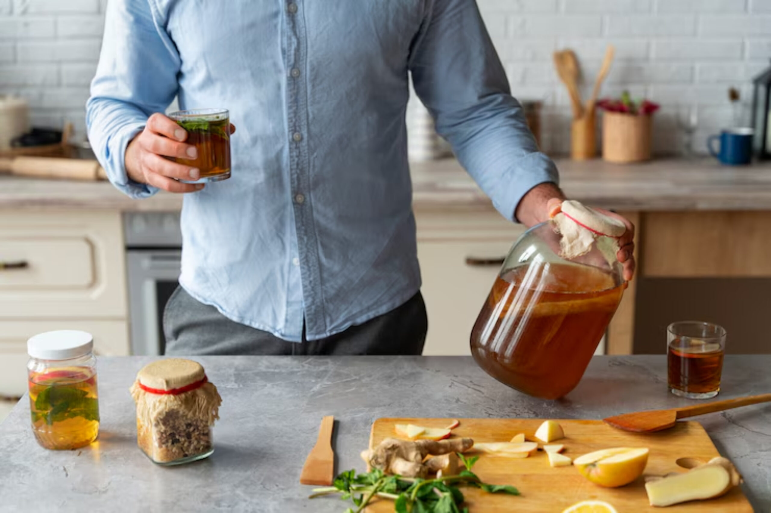 A person in a blue shirt is holding a jar of kombucha and a glass of tea in a kitchen. A countertop displays ginger, lemon, and herbs for prep.