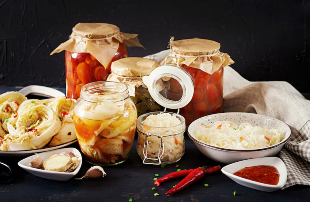 A vibrant display of fermented foods, including jars of kimchi, pickles, sauerkraut, garlic, ginger, and chili peppers on a dark background.