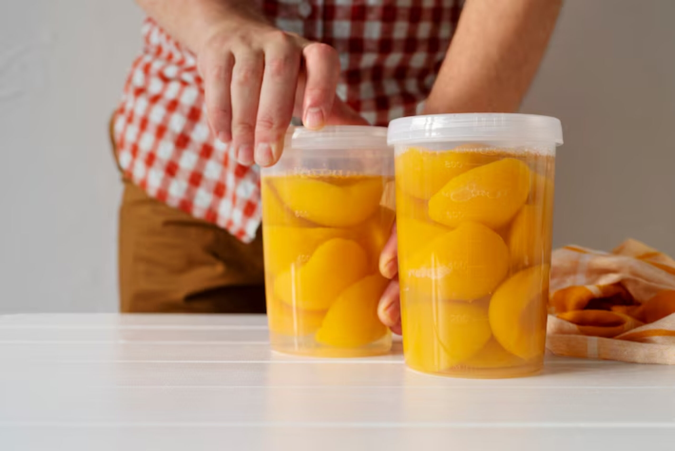 A man in a checkered shirt places two clear containers of sliced peaches in syrup on a white table, with a cloth nearby.
