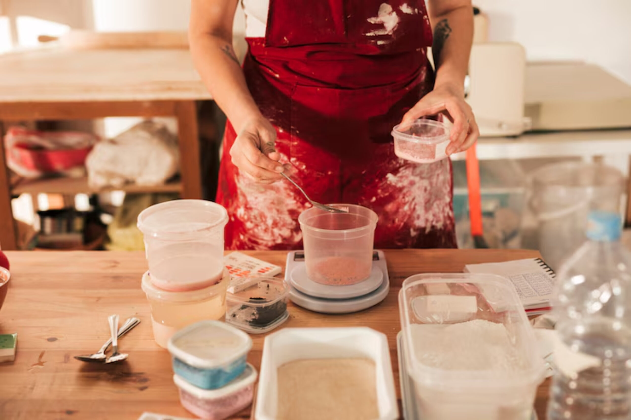 A person in a red apron carefully measures colorful powders using a spoon and scale, surrounded by containers on a wooden table.