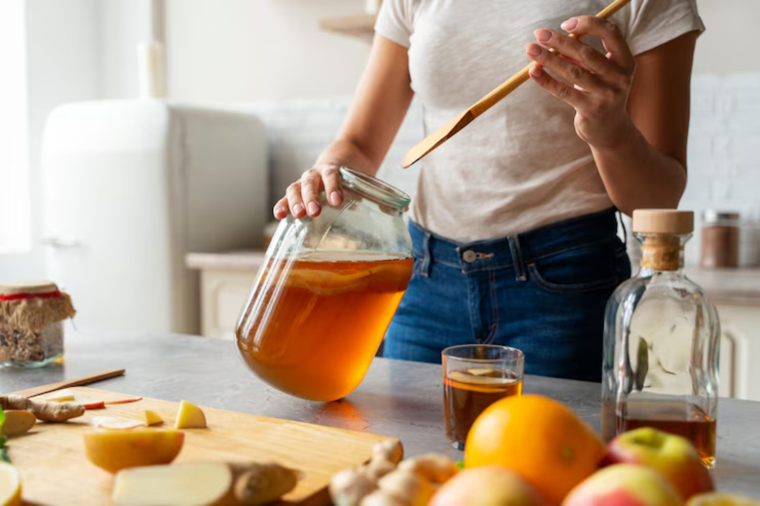 A woman pours homemade kombucha from a jar into a glass, surrounded by fresh fruits and ginger on a kitchen counter.