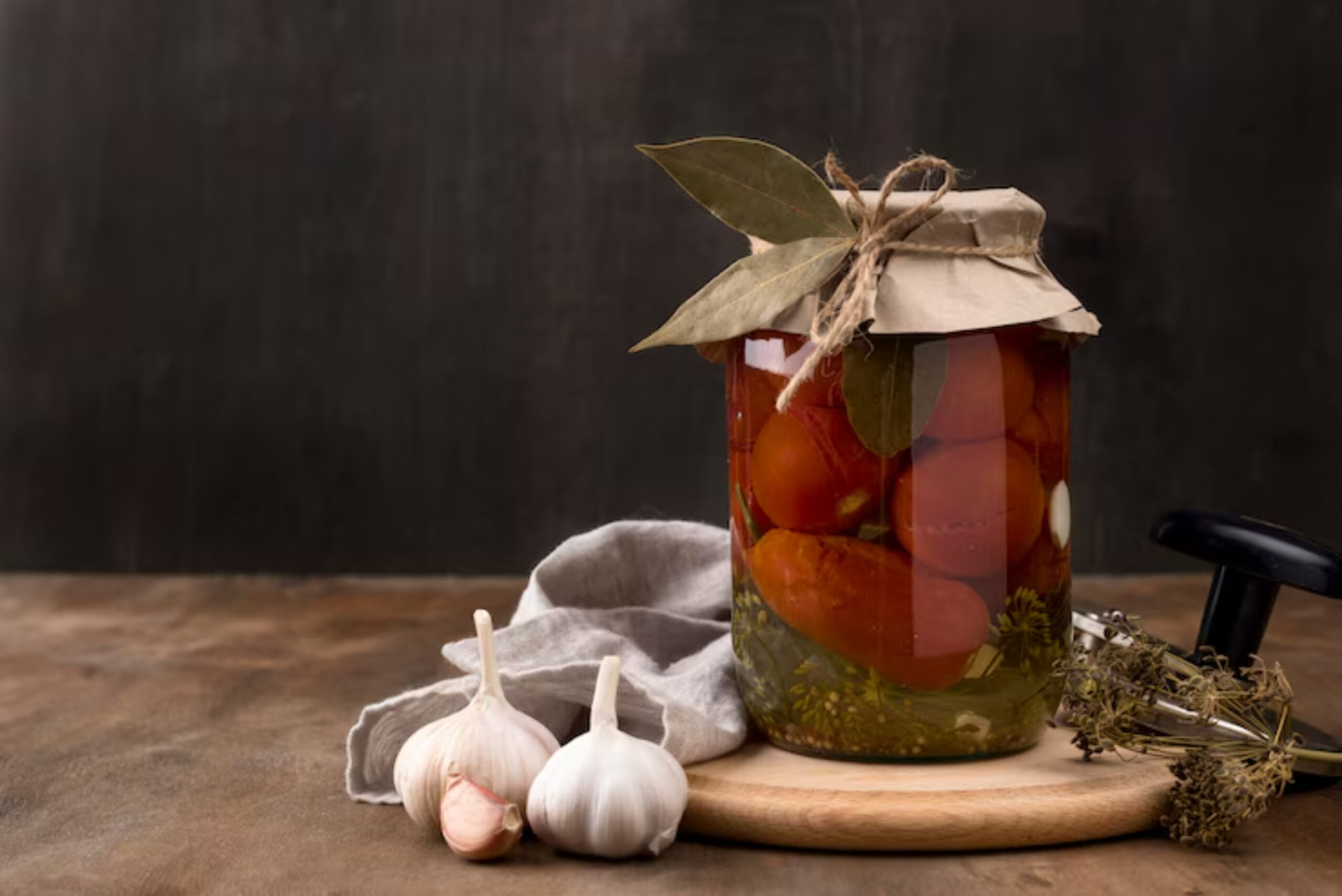 A jar of preserved tomatoes with garlic and herbs, resting on a wooden board, with a linen cloth and a lid nearby.