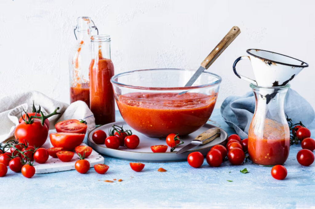 A clear bowl of fresh tomato sauce surrounded by ripe tomatoes, sauce bottles, and a funnel on a light blue surface.