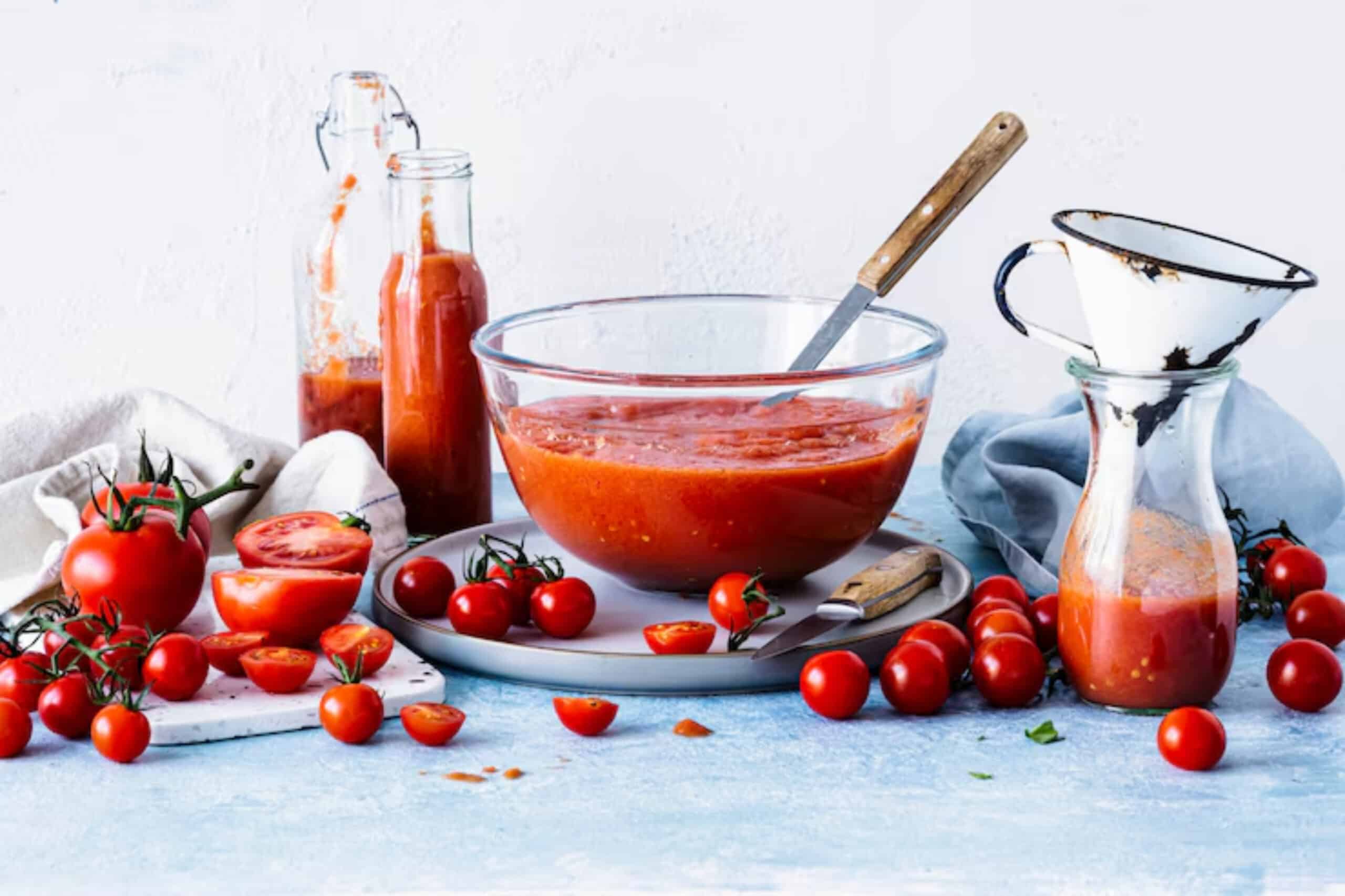 A clear bowl of fresh tomato sauce surrounded by ripe tomatoes, sauce bottles, and a funnel on a light blue surface.