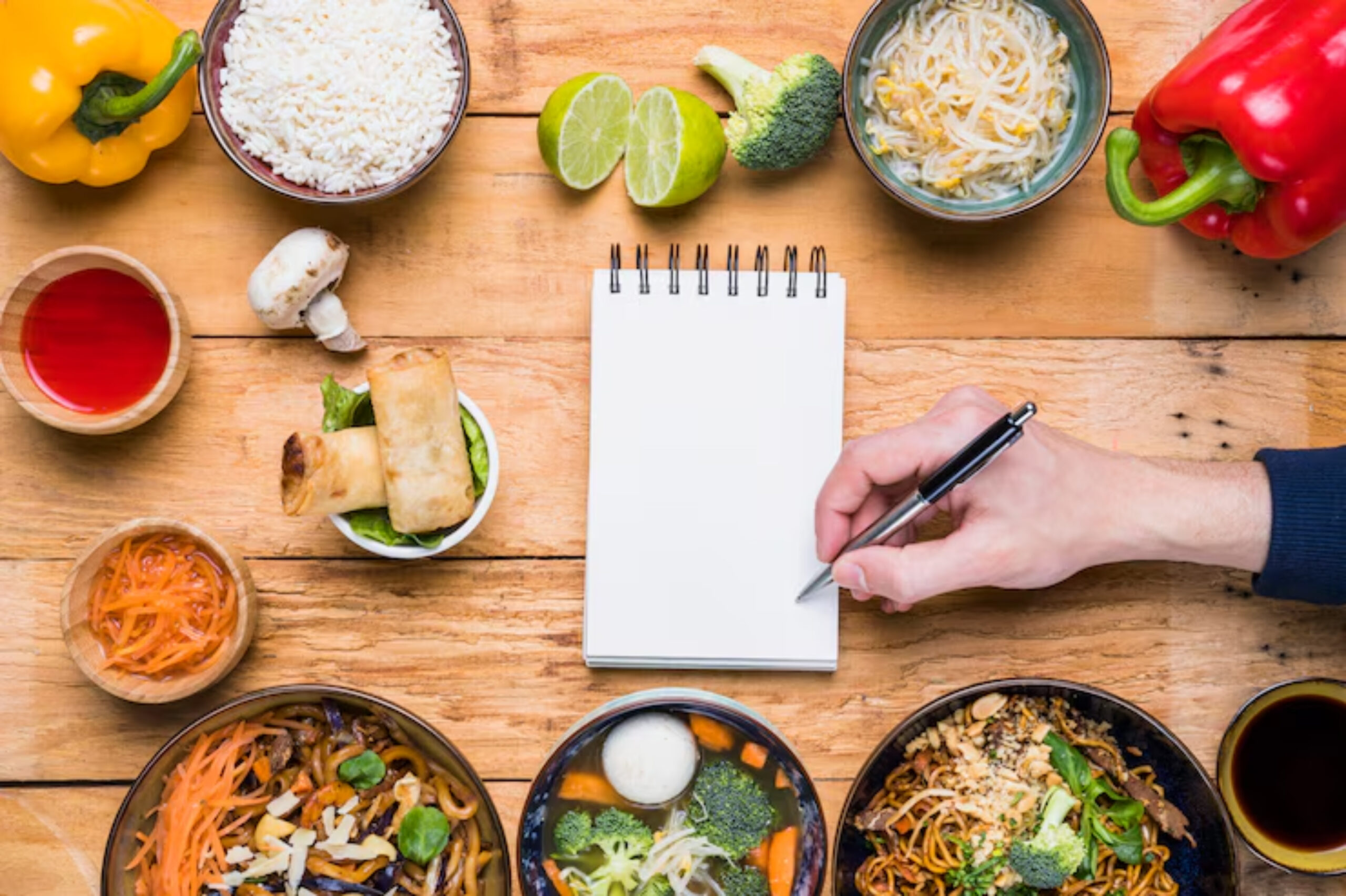 A hand writing on a blank notepad surrounded by vibrant bowls of noodles, vegetables, spring rolls, and ingredients on a wooden table.