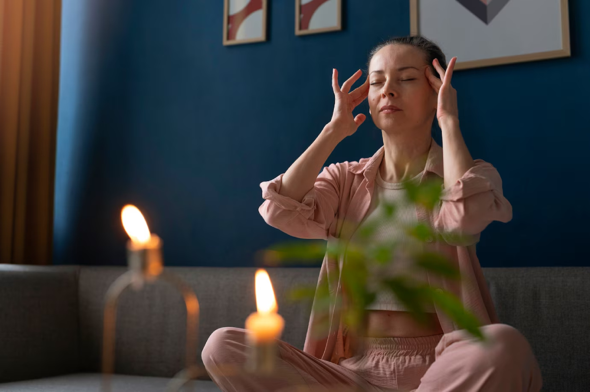 A person in pink loungewear meditates on a gray couch, surrounded by candles and green plants against a blue wall.