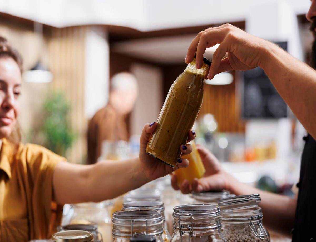 A woman hands a green smoothie bottle to a man at a market, with jars of ingredients on the table behind them. Bright, inviting atmosphere.