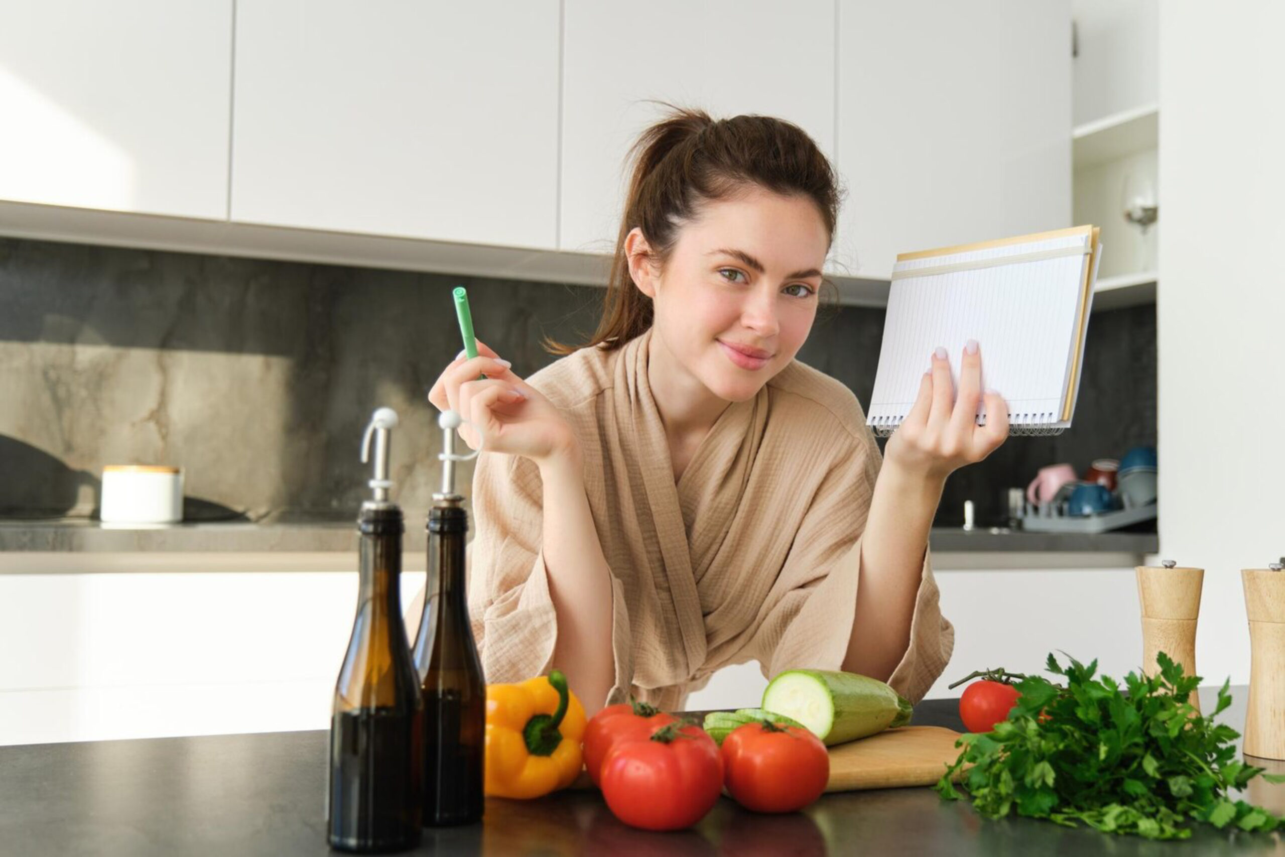 A person in a kitchen holds a notebook and a pen, surrounded by fresh vegetables and bottles, contemplating a recipe.
