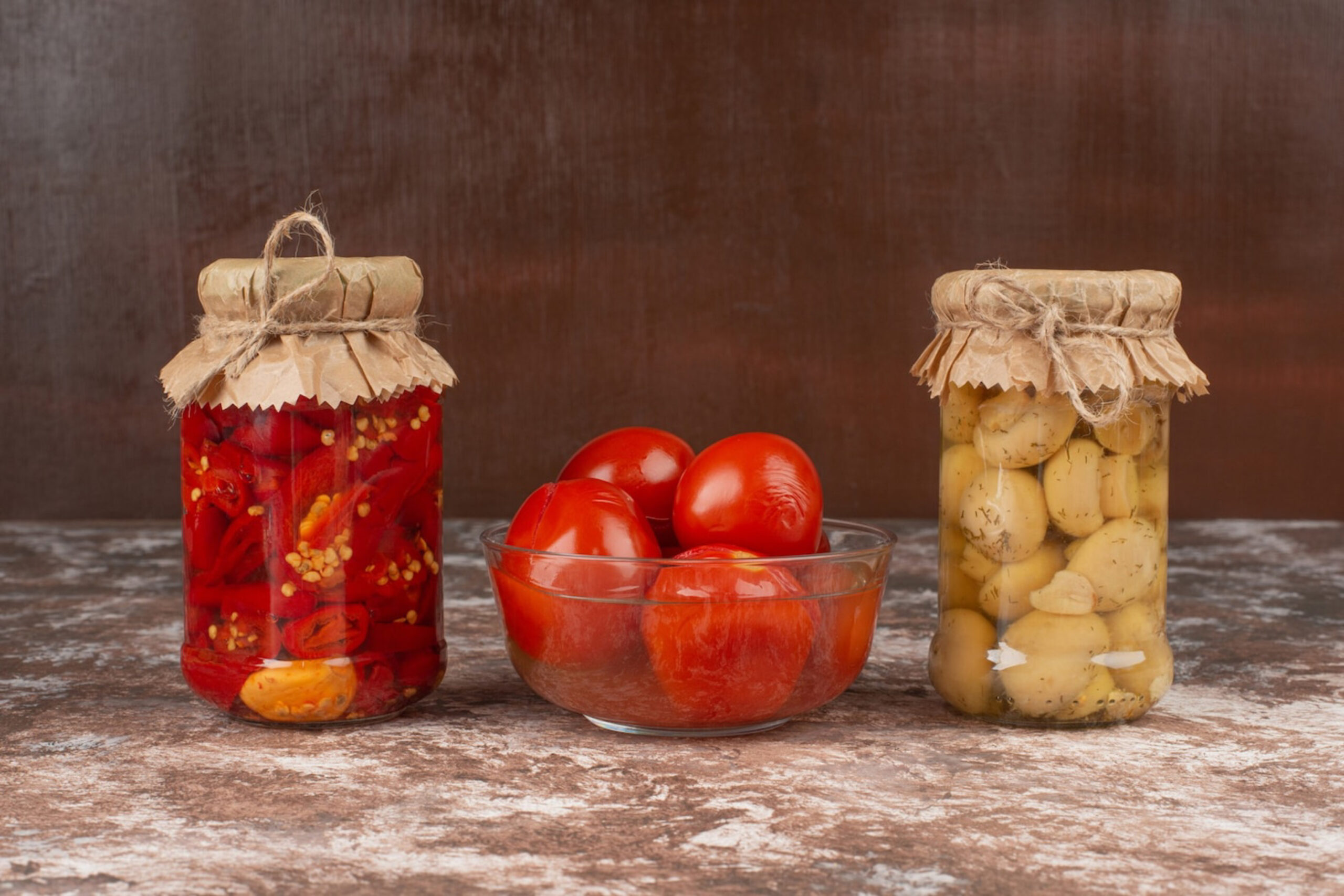 Three jars of preserved vegetables: one with pickled red peppers, another with yellow tomatoes, and a bowl of fresh red tomatoes.