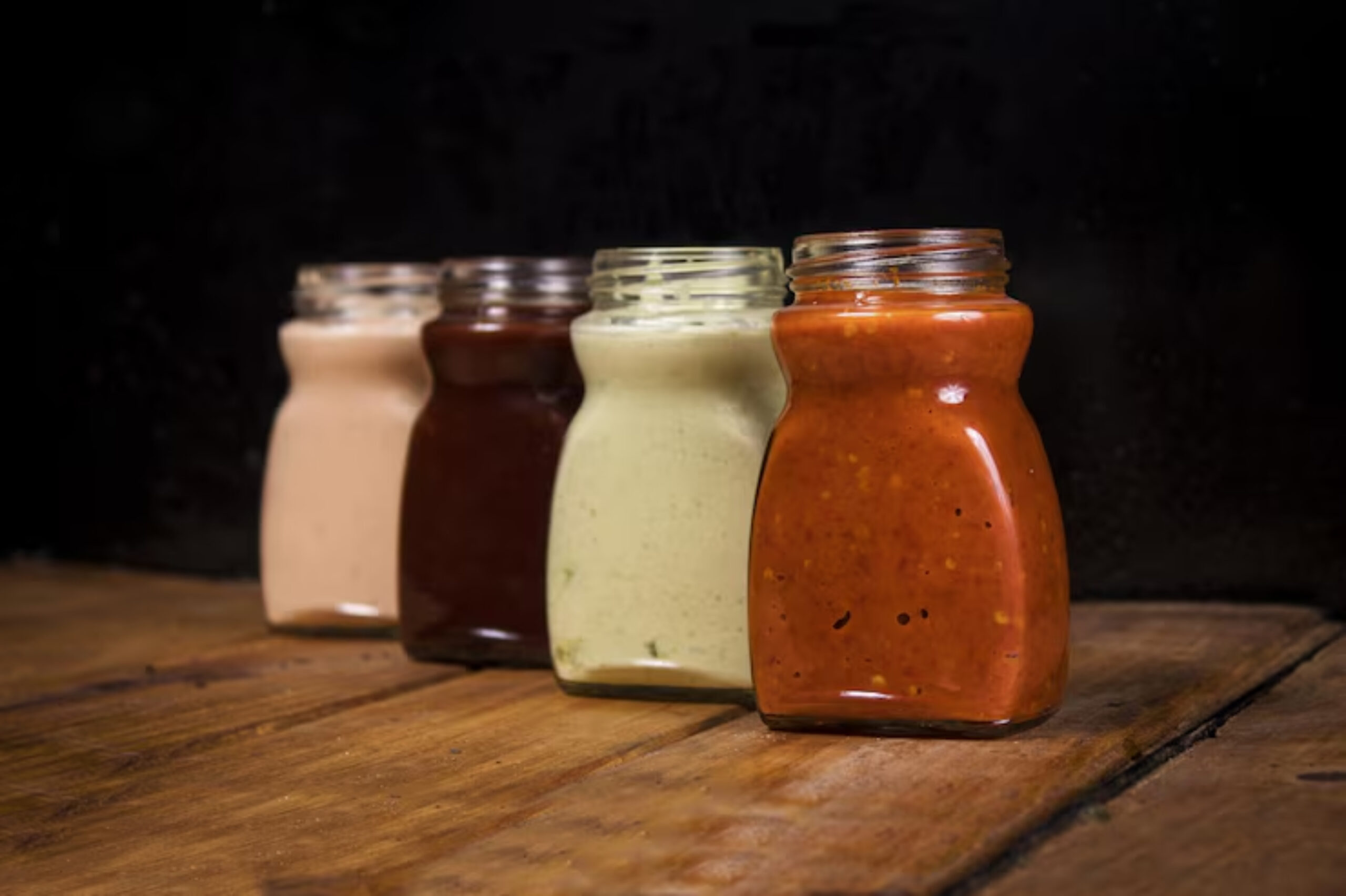 Four jars of colorful sauces in varying shades of beige, brown, green, and red arranged on a wooden surface against a dark background.
