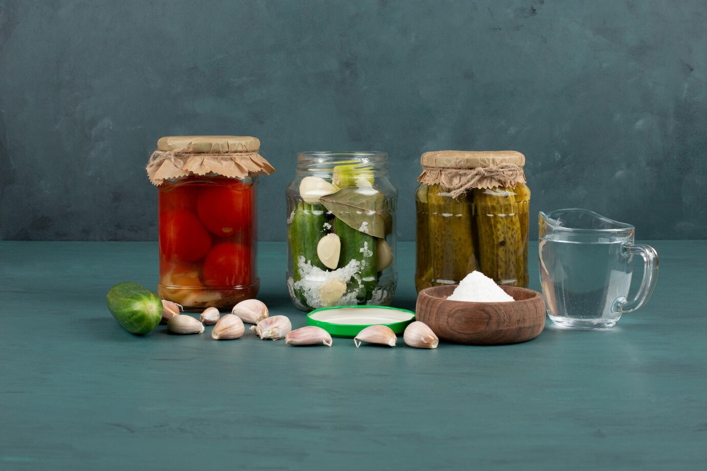 Three jars of preserved vegetables, garlic cloves, salt, and water, arranged on a teal tabletop against a textured background.